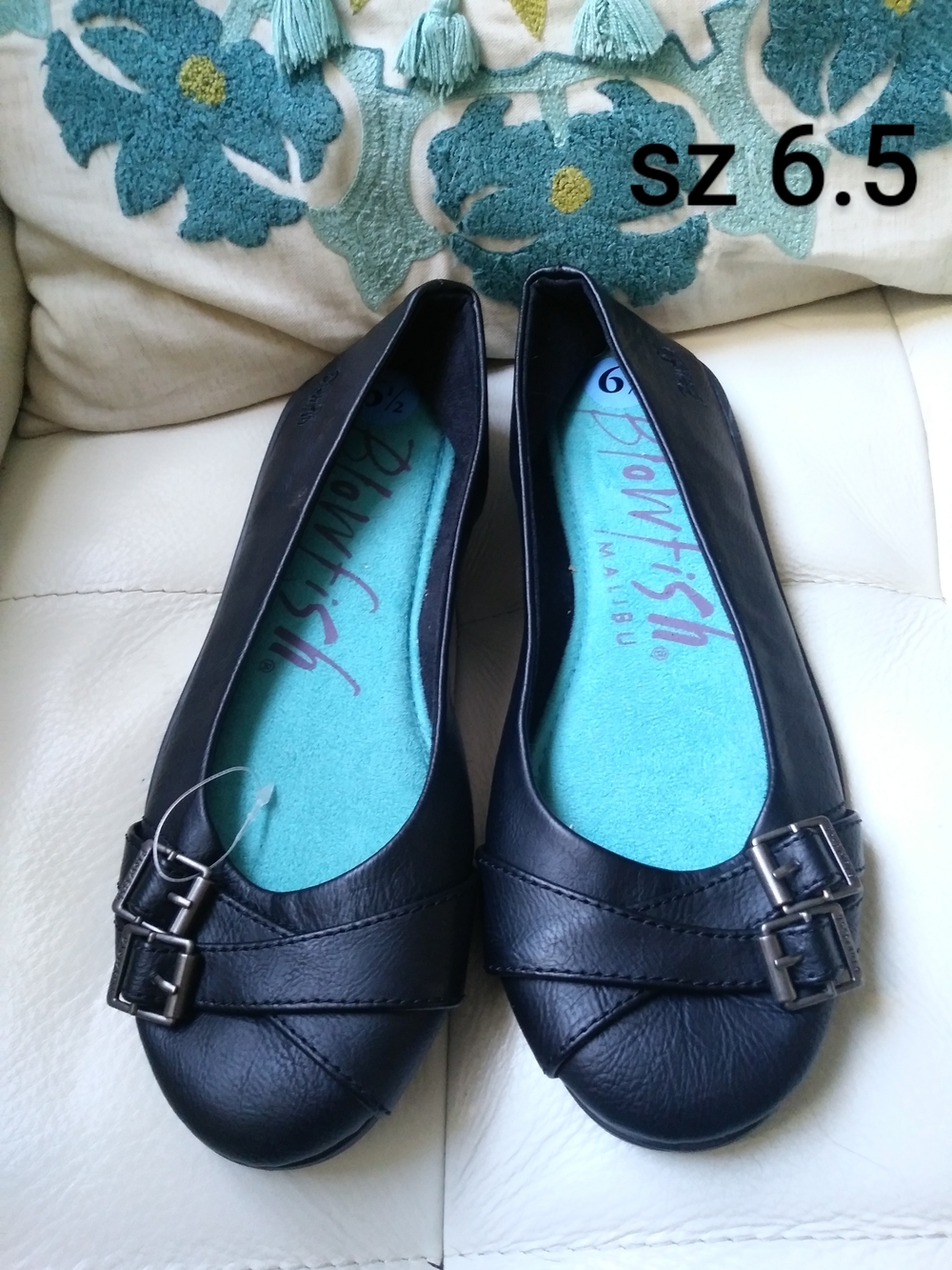 Blowfish Black Leather Ballet Flats with Buckle Accent
